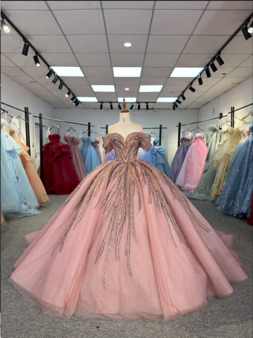 Chic Rose Gold Quinceanera Dress Cold Shoulder Beaded Sequin Tulle Ball Gown Glamorous Evening Prom Dress