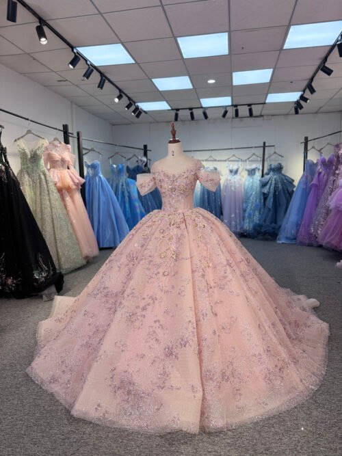 Dreamy Blush Pink Quinceanera Dress Short Sleeve Delicate Butterfly Embroidery Ball Gown Enchanted Forest Gown