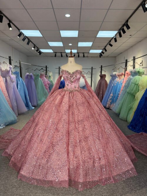 Luxury Rose Pink Quinceanera Dress Off Shoulder Beaded Sequin Quinceanera Dress Sparkly Ball Gown Shimmering Sweet 16 Gown