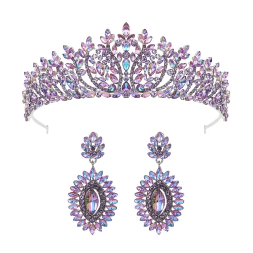 Vintage Purple Crown Set Earrings Jewelry Set Bridal Crown Luxury Tiara Wedding Accessories