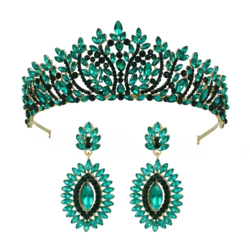 Royal Green Crown Set Earrings Jewelry Set Bridal Crown Crystal Tiara Wedding Accessories