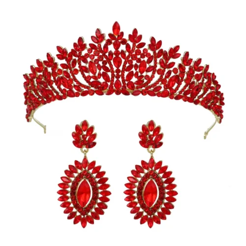 Radiant Red Crown Set Earrings Jewelry Set Bridal Crown Rhinestone Tiara Wedding Accessories