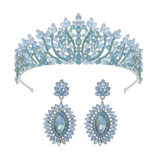 Pale Blue Crown Set Earrings Jewelry Set Bridal Crown Rhinestone Tiara Wedding Accessories
