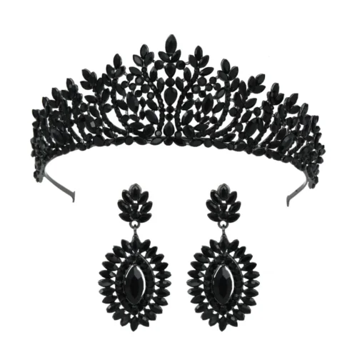 Bold Black Crown Set Earrings Jewelry Set Bridal Crown Fashion Tiara Wedding Accessories