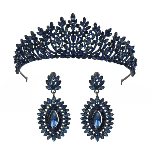 Navy Blue Crown Set Earrings Jewelry Set Bridal Crown Crystal Tiara Wedding Accessories