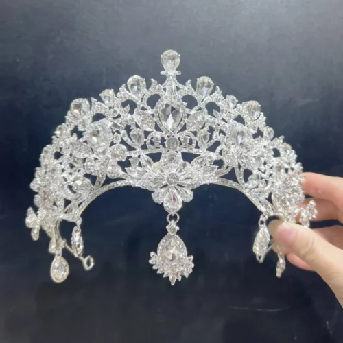 Exquisite Silver Crown Central Rhinestone Teardrop Motif Bridal Crown Jewelry Tiara Gala Hair Accessories
