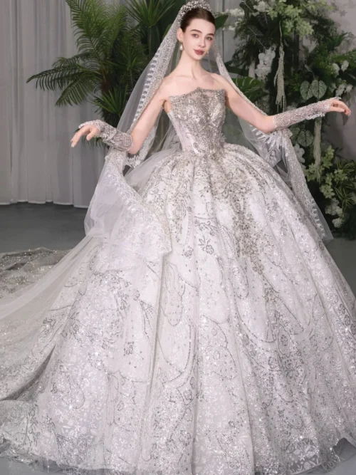 Luxury Silver Wedding Dress Off Shoulder Sequin Lace Wedding Dress Ball Gown Bridal Gown