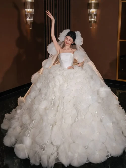 Glamorous Ivory Wedding Dress Strapless Ruffle Tiered Wedding Dress Puffy Dress Bridal Gown