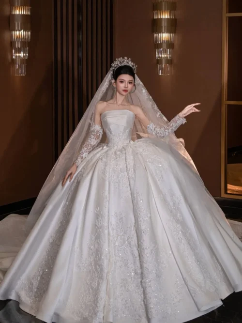 Classic Ivory Wedding Dress Strapless Sparkly Tulle Wedding Dress Royal Train Bridal Gown