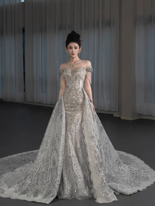 Modern Silver Wedding Dress Cold Shoulder Mermaid Sequin Wedding Dress Detachable Train Bridal Gown