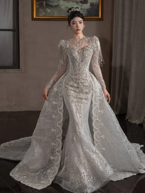 Royal Silver Wedding Dress High Neck Mermaid Sparkly Wedding Dress Over Train Bridal Gown