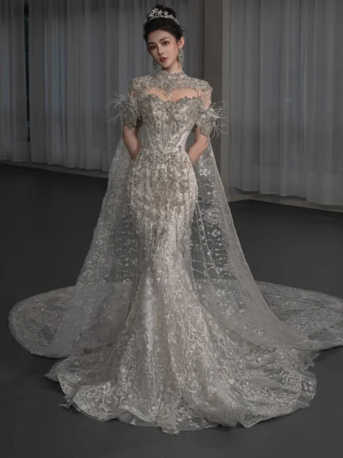 Sophisticated Silver Wedding Dress High Neck Mermaid Lace Wedding Dress Sheer Sleeve Bridal Gown