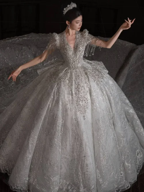 Graceful Ivory Wedding Dress Half Sleeve Lace Sequin Wedding Dress Classic Ball Gown Bridal Gown