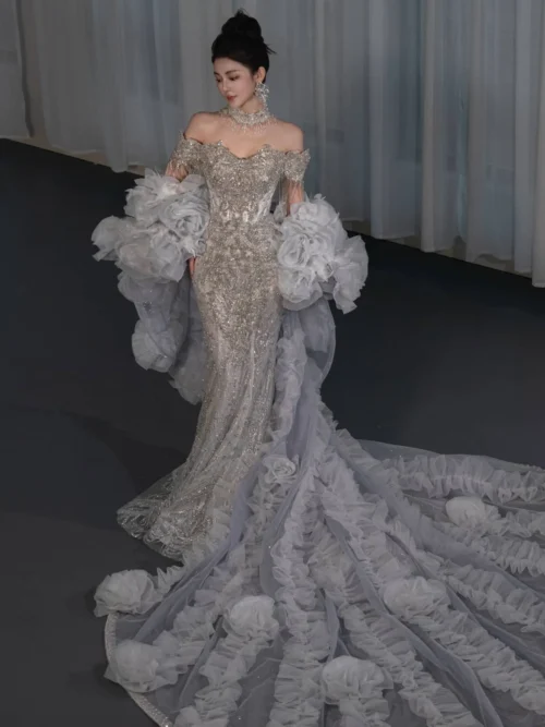 Unique Silver Wedding Dress Off Shoulder Mermaid Beaded Wedding Dress Ruffle Train Bridal Gown