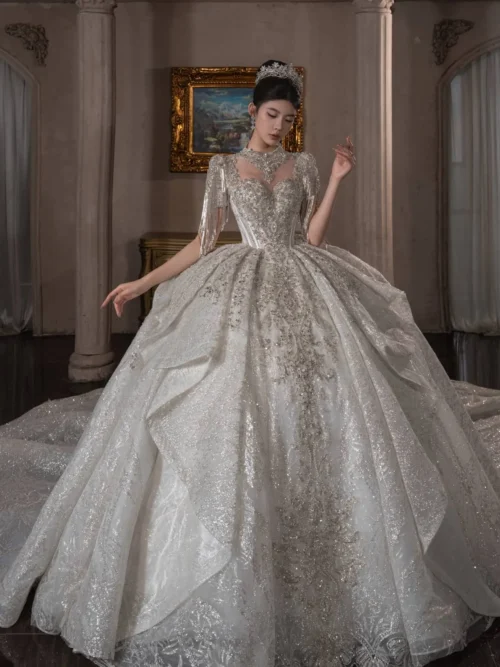 Majestic Ivory Wedding Dress High Neck Lace Sparkly Wedding Dress Layered Skirt Bridal Gown