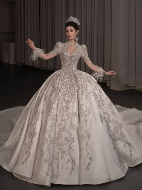 Opulent Ivory Wedding Dress Long Sleeve Embroidery Wedding Dress Cathedral Train Bridal Gown