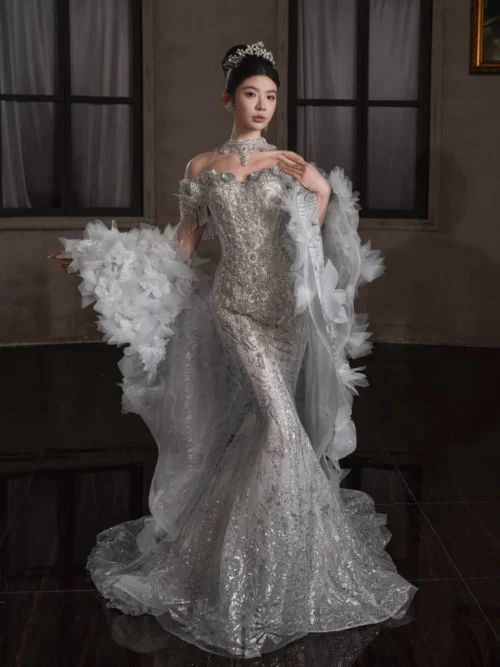 Elegant Ivory Wedding Dress Mermaid Sparkly Sequin Luxury Feather Sleeve Bridal Gown Slim Fit Formal Wedding Dress