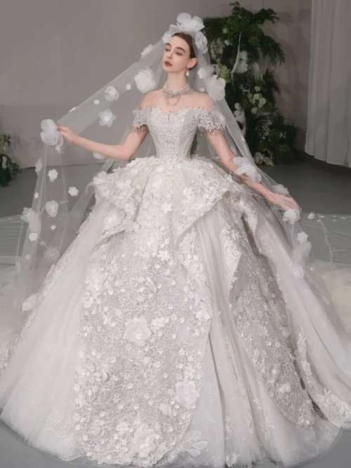 Royal Ivory Wedding Dress Ball Gown Floral Applique Cathedral Veil Bridal Gown Luxury Princess Wedding Dress