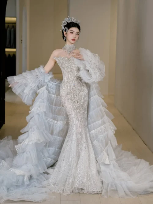 Stunning Ivory Wedding Dress Mermaid Beaded Sparkle Detachable Ruffle Sleeve Bridal Gown Modern Wedding Dress