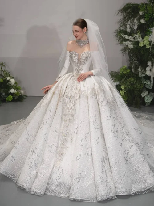 Grand Ivory Wedding Dress Ball Gown Sequined Lace High Neck Bridal Gown Majestic Cathedral Train Wedding Dress