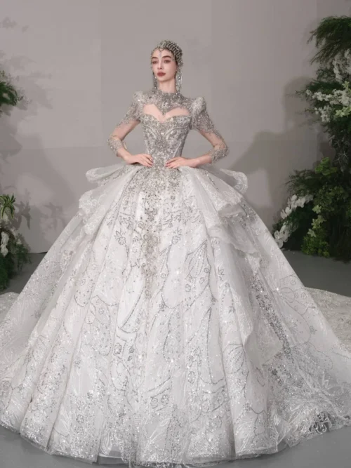 Exquisite Ivory Wedding Dress Ball Gown Glitter Embroidery Mock Neck Bridal Gown Shimmering Full Skirt Wedding Dress