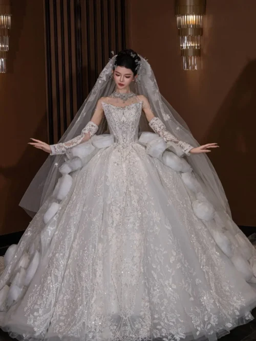Opulent Ivory Wedding Dress Ball Gown Feather Trim Sparkly Veil Bridal Gown Couture High End Wedding Dress