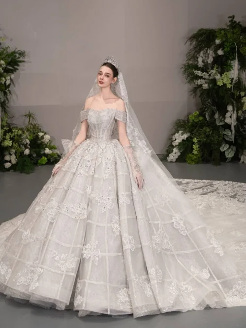 Classic Ivory Wedding Dress Ball Gown Tiered Lace Off Shoulder Bridal Gown Traditional Romantic Wedding Dress