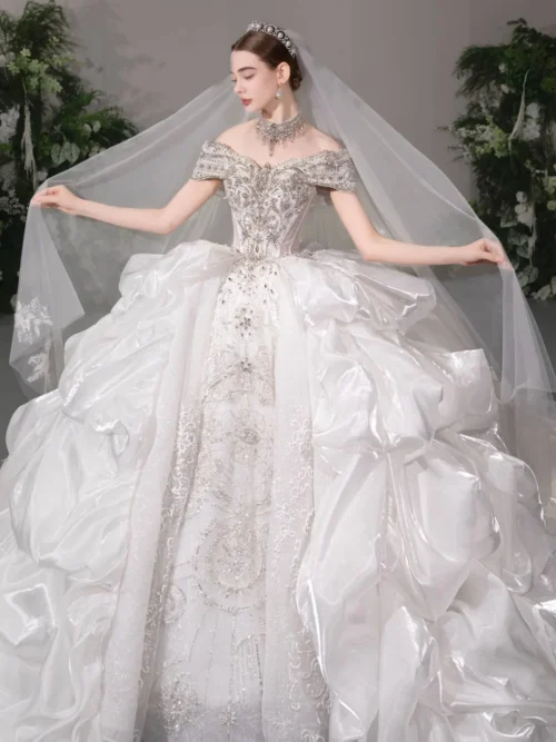 Ethereal Ivory Wedding Dress Ball Gown Ruffle Skirt Off Shoulder Bridal Gown Dreamy Layered Tulle Wedding Dress