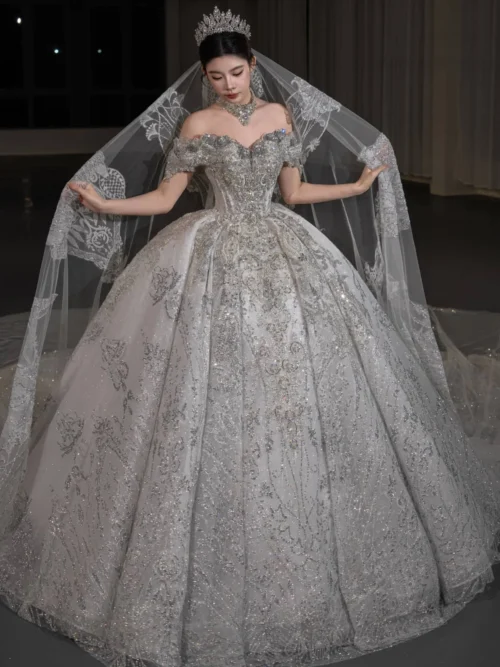 Sparkling Ivory Wedding Dress Ball Gown Sequin Embroidery Cold Shoulder Bridal Gown Glitzy Formal Wedding Dress