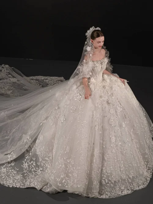 Dreamy Ivory Wedding Dress Ball Gown Scattered Sparkle Cathedral Veil Bridal Gown Fairy Tale Bride Wedding Dress