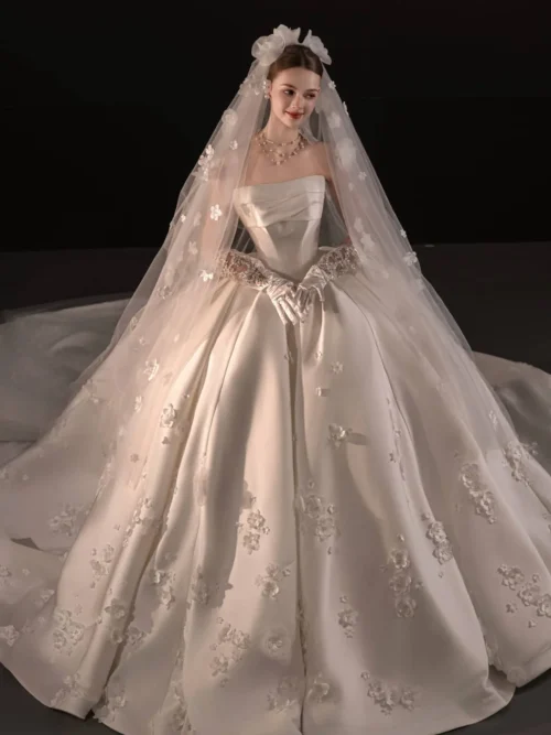 Minimalist Ivory Wedding Dress Ball Gown Smooth Satin Lace Detail Bridal Gown Sophisticated Clean Wedding Dress