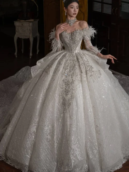 Luxury Ivory Wedding Dress Ball Gown Feather Sleeve Sparkly Wedding Dress Beaded Lace Cathedral Bridal Gown