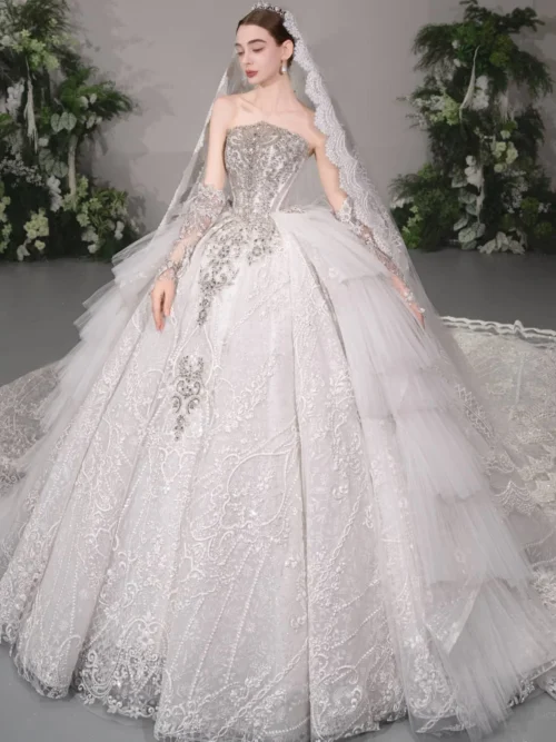 Grand Ivory Wedding Dress Ball Gown Strapless Shimmering Wedding Dress Sequin Lace High End Bridal Gown