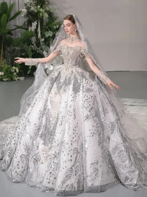 Radiant Ivory Wedding Dress Ball Gown Off Shoulder Sparkly Wedding Dress Silver Embroidery Royal Bridal Gown