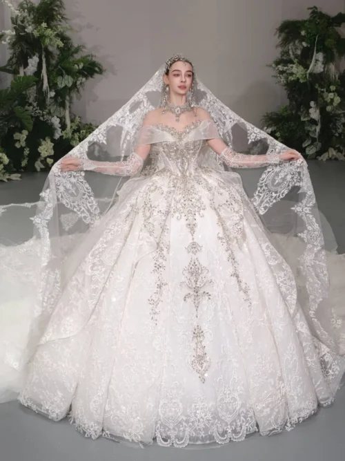 Majestic Ivory Wedding Dress Ball Gown High Neck Sparkly Wedding Dress Cathedral Veil Luxury Bridal Gown