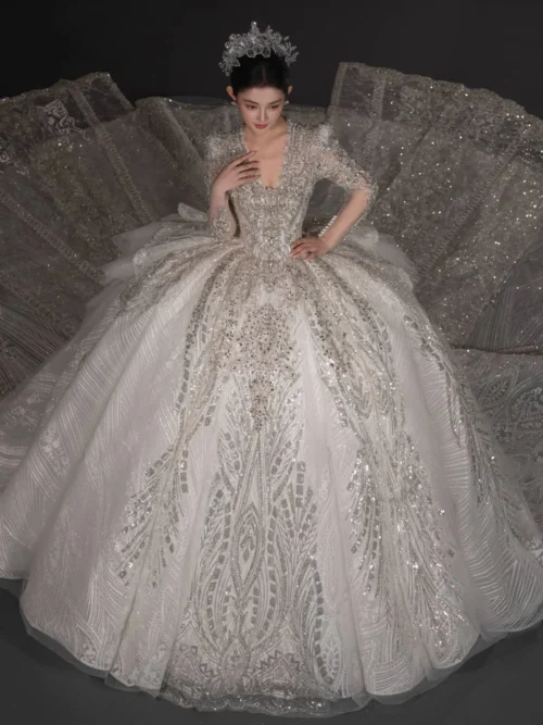 Exquisite Ivory Wedding Dress Ball Gown Half Sleeve Glitter Wedding Dress Intricate Beaded Glamorous Bridal Gown