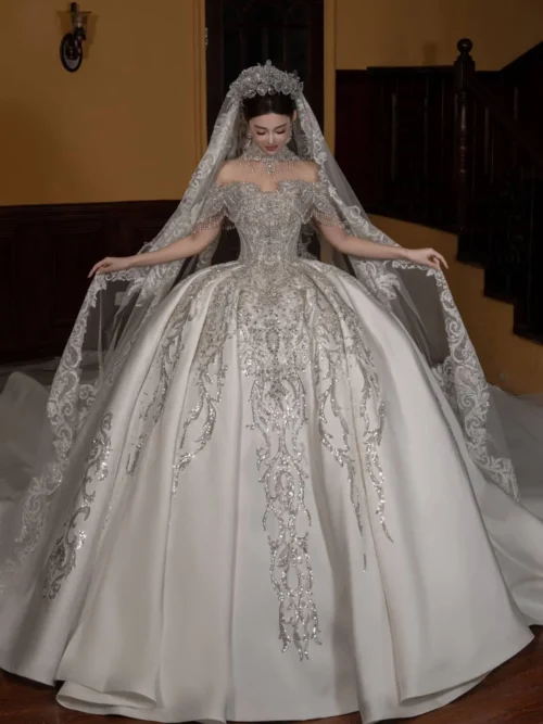 Royal Ivory Wedding Dress Ball Gown Off Shoulder Satin Wedding Dress Lace Medallion Classic Bridal Gown