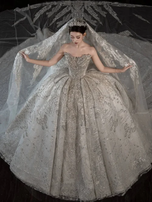 Opulent Ivory Wedding Dress Ball Gown Sparkly Veil Sequin Wedding Dress Full Skirt Heavy Beaded Bridal Gown