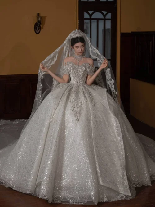 Glamorous Ivory Wedding Dress Ball Gown Off Shoulder Glitter Wedding Dress Sparkling Tulle Romantic Bridal Gown