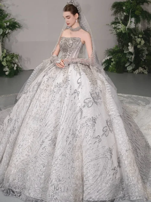 Sophisticated Ivory Wedding Dress Ball Gown High Neck Lace Wedding Dress Shimmering Embroidery Modern Bridal Gown