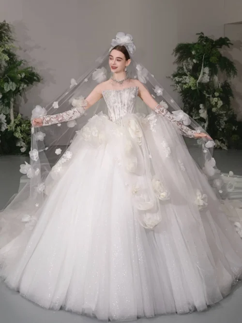 Dreamy Ivory Wedding Dress Ball Gown Floral Applique Tulle Wedding Dress Ruffle Sleeve Fairy Tale Bridal Gown