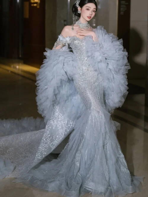 Chic Ivory Wedding Dress Mermaid Cold Shoulder Sparkly Wedding Dress Sequin Floor Length Elegant Bridal Gown