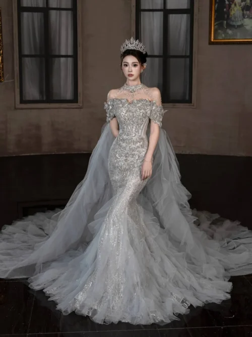 Gracious Ivory Wedding Dress Mermaid Ruffle Sleeve Lace Wedding Dress Sparkly Sequin Cathedral Train Bridal Gown