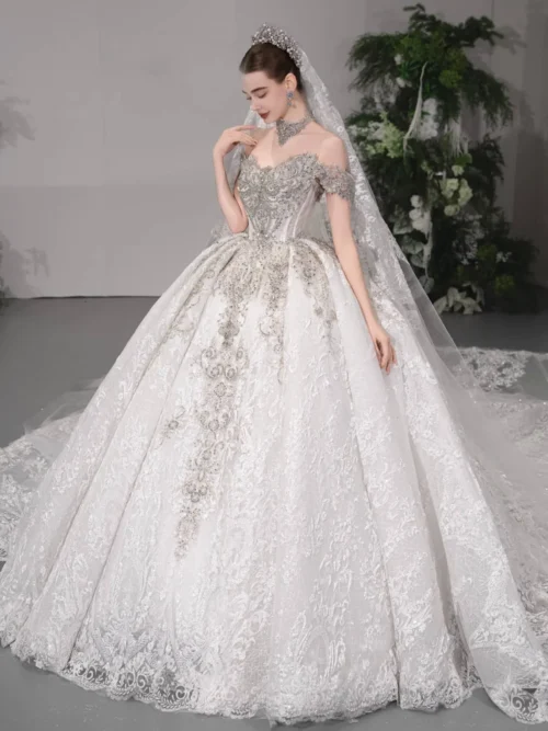 Shimmering Ivory Wedding Dress Ball Gown Off Shoulder Glitter Wedding Dress Beaded Bodice Princess Bridal Gown