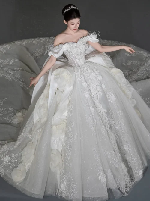 Stunning Ivory Wedding Dress Ball Gown Off Shoulder Floral Lace Wedding Dress Sparkly Sequin Cathedral Bridal Gown