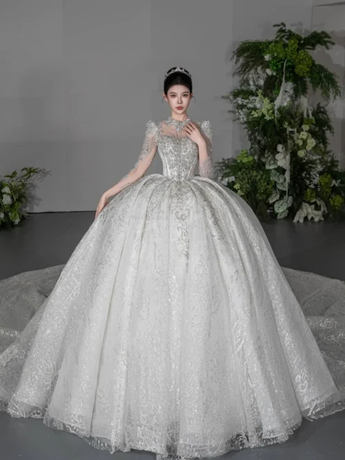 Luxury Ivory Wedding Dress Ball Gown High Neck Sparkly Wedding Dress Long Sleeve Beaded Princess Bridal Gown