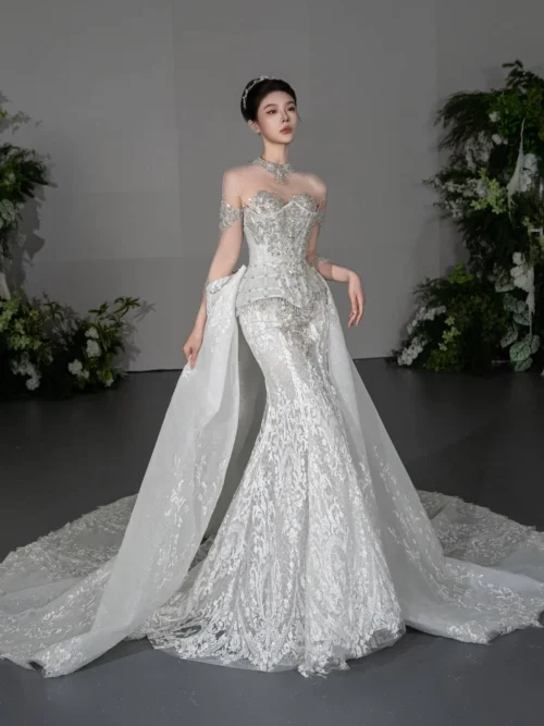 Radiant Ivory Wedding Dress Mermaid High Neck Lace Wedding Dress Detachable Cape Sparkly Slim Bridal Gown