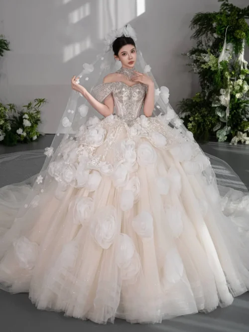 Romantic Ivory Wedding Dress Ball Gown 3D Floral Applique Wedding Dress Tulle Ruffle Dreamy Bridal Gown