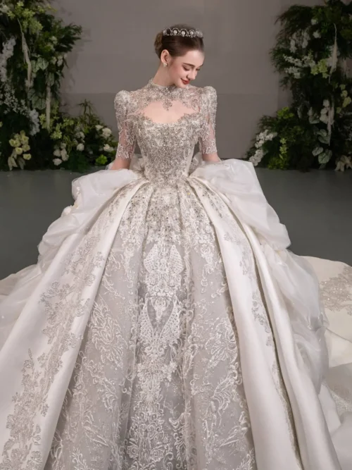 Opulent Ivory Wedding Dress Ball Gown Mock Neck Glitter Wedding Dress Elaborate Embroidery Luxury Bridal Gown