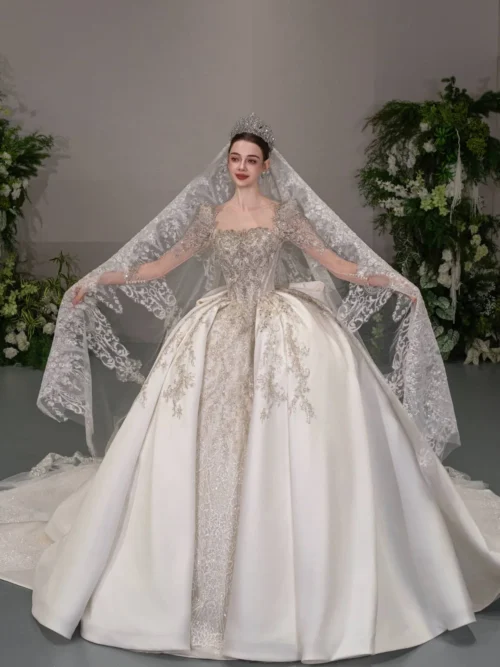 Classic Ivory Wedding Dress Ball Gown Illusion Neck Satin Wedding Dress Lace Bodice Traditional Bridal Gown